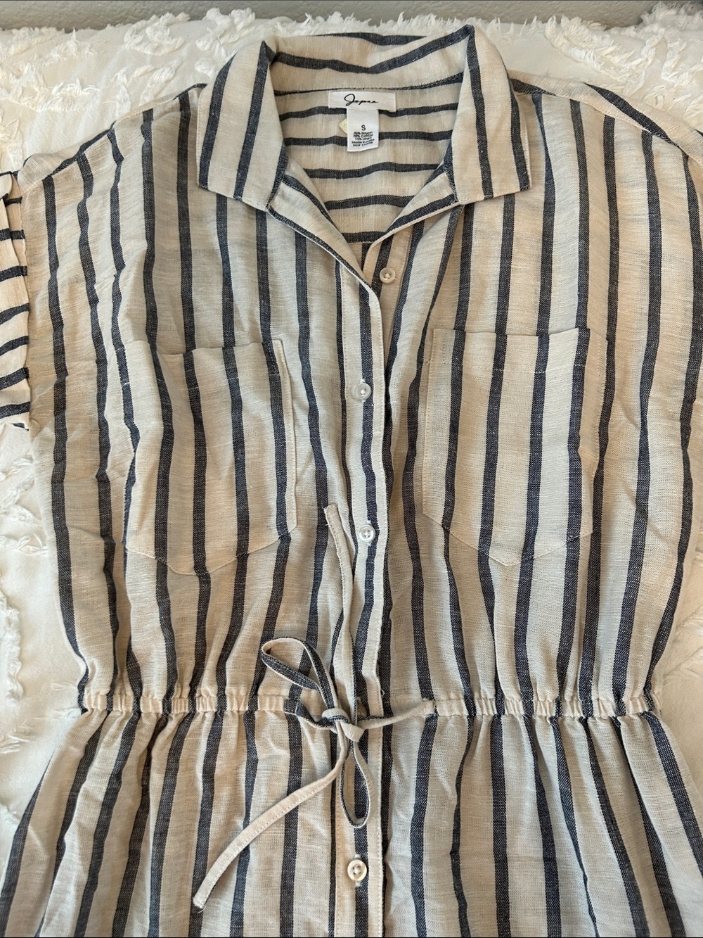 Japna Beige and Navy Striped Shirt Dress - Picture 2 of 8